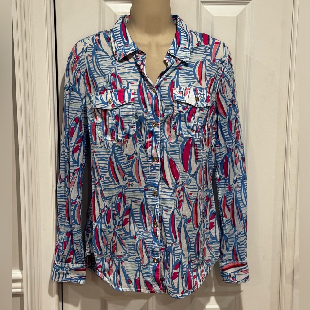 Lilly Pulitzer Red Right Return Sailboat Button Up Top Shirt Blouse Sz 6